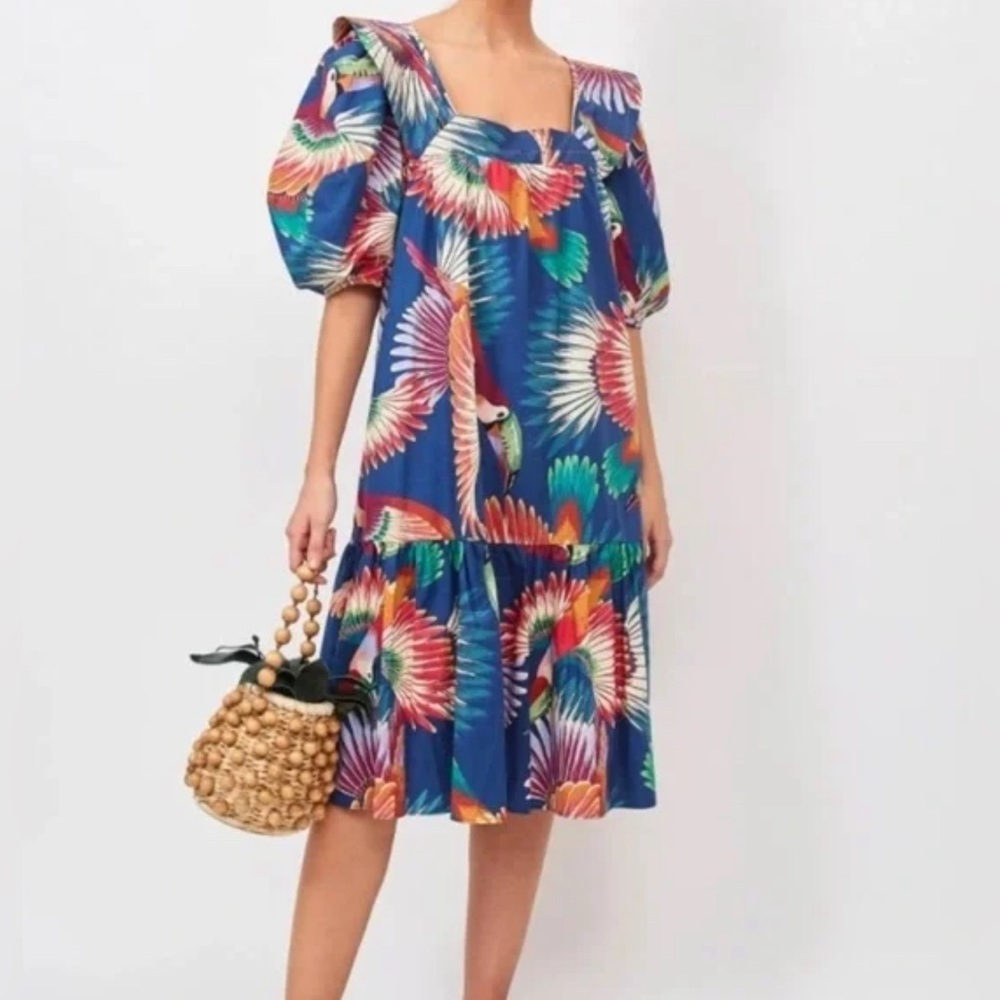 Farm Rio Navy Colorful Toucan Square Neck Boho Dress- Extra Small EUC